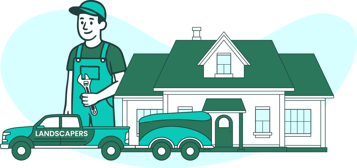 Smiling landscaper standing beside a residential home and branded landscapers truck and trailer, representing professional landscaping services