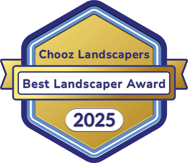 2025 Chooz Landscapers Best Landscaper Award badge with gold and blue hexagon design and ribbon banner