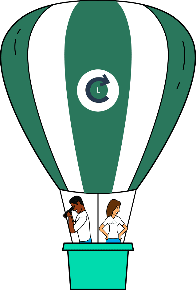 Illustration of a hot air balloon with Chooz logo and two people scouting and planning, symbolizing growth, vision, and elevated landscaping standards