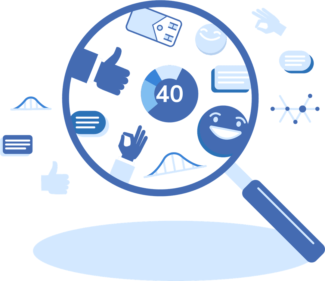 Review quality and engagement score visualized with a magnifying glass focusing on a score of 40, surrounded by icons of positive feedback, bridges, data charts, and customer reviews